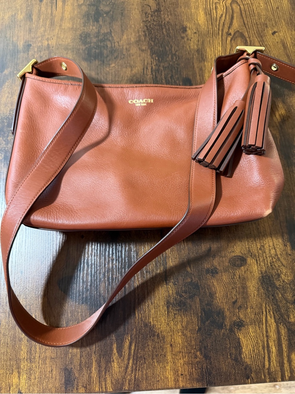 Coach Pebble Leather Shoulder Bag in Saddle Brown with Tassels
